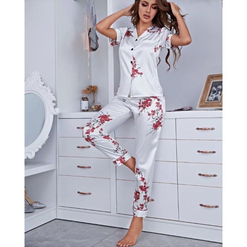 Shein Notch Collar Floral Satin Pajama Set Womens S White Red Summer Sleepwear